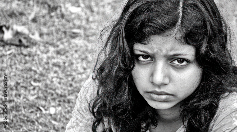 Girl, serious expression, outdoors, ground background, emotional portrait Girl, serious expression, outdoors, ground background, emotional portrait