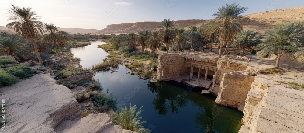 Oasis ancient ruins, desert river, palm trees, historical site, travel Oasis ancient ruins, desert river, palm trees, historical site, travel