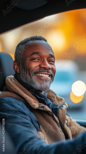 Man Smiling While Sitting in a Car With Warm Sunset Colors in the Background