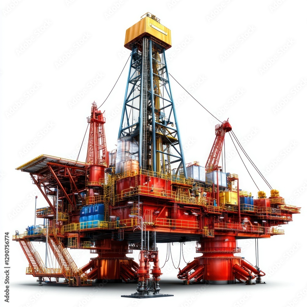 Detailed Hyper-realistic image of an oil well drilling rig on a pure white background, isolated, sharp details, professional studio lighting, showcasing its towering structure and industrial design. Detailed Hyper-realistic image of an oil well drilling rig on a pure white background, isolated, sharp details, professional studio lighting, showcasing its towering structure and industrial design.