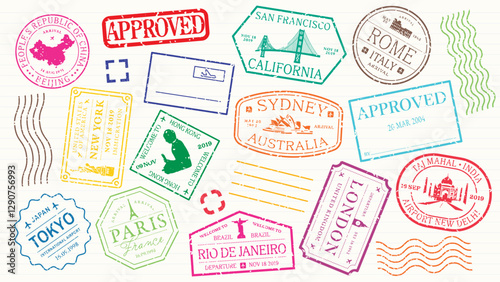 Colorful passport stamps from cities like Tokyo, Paris, Sydney, and more. Travel-themed stamps with various designs and vibrant colors. Passport stamps galore. Colorful stamps, vector set.