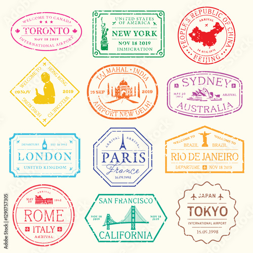 Colorful travel stamps from cities like Toronto, New York, Beijing, Sydney, London, Paris, Rio, Rome, San Francisco, and Tokyo. Travel, stamps, cities. Colorful travel stamps, vector set.