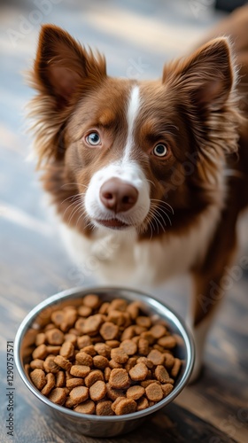 Happy Dog Eagerly Looking at Bowl of Dry Food Indoors During Daylight Hours