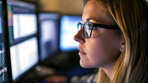 Free Download Focused Woman Programmer Working Late Night on Multiple Computer Screens Serious Intense Data Analysis Software Development Project Digital Technology - GFXLoad