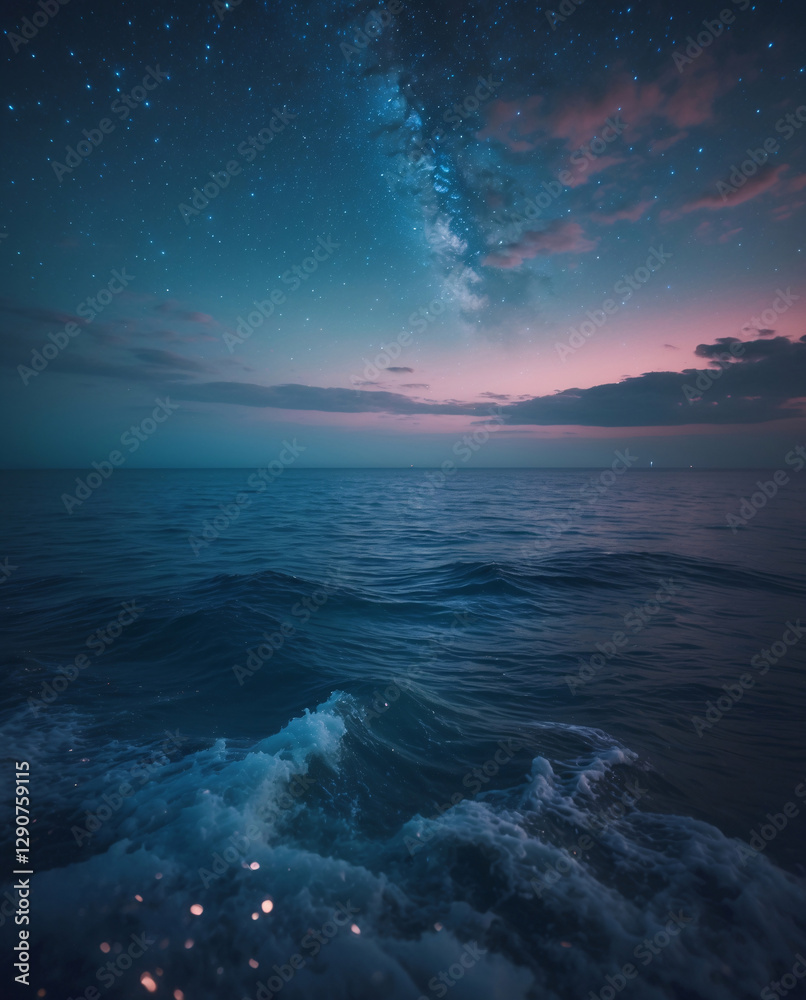 Fototapeta premium Gorgeous nighttime photo of ocean waves on the beach with stars and nebula filling the sky with vibrant colors ocean wallpaper inspiration