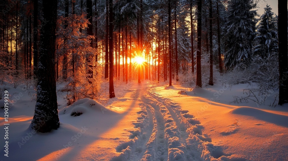 Sun setting through snowy forest path. Sun setting through snowy forest path.