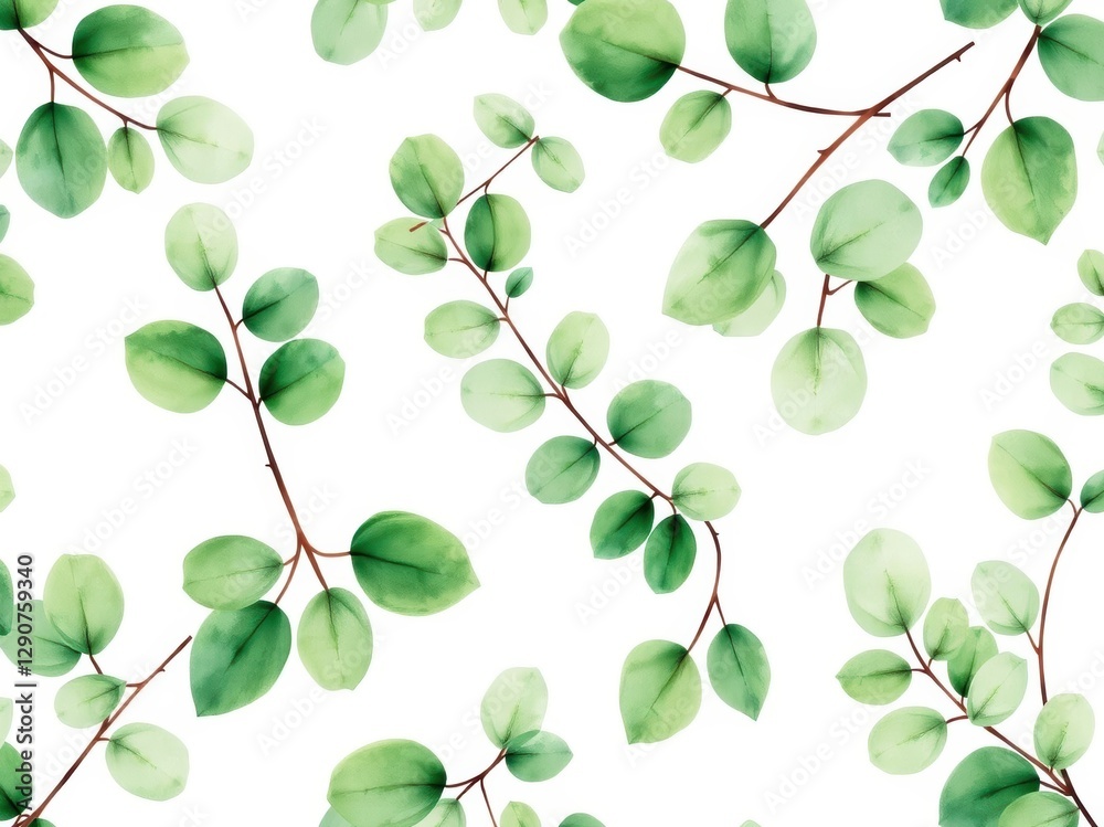 Obraz premium Watercolor Green Eucalyptus Leaves Seamless Pattern