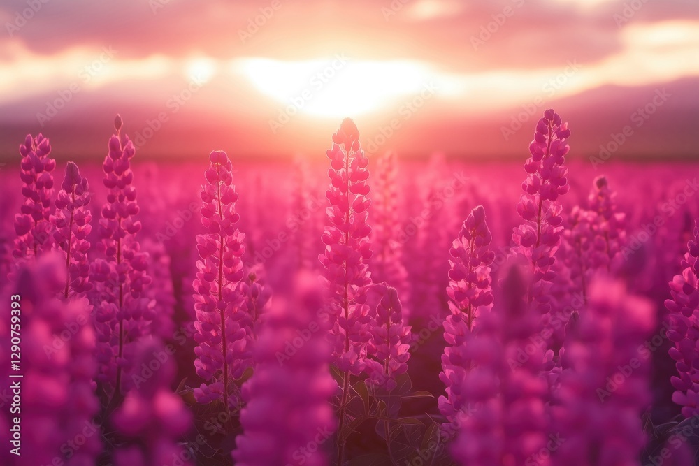 Naklejka premium Vibrant sunset illuminating a field of blooming pink flowers, creating a serene and picturesque landscape.
