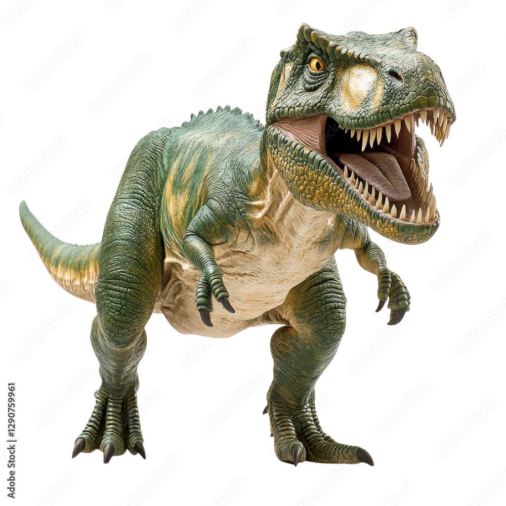 Fototapeta premium A detailed and dynamic depiction of a roaring dinosaur, showcasing its fierce expression and textured skin, isolated on white background.