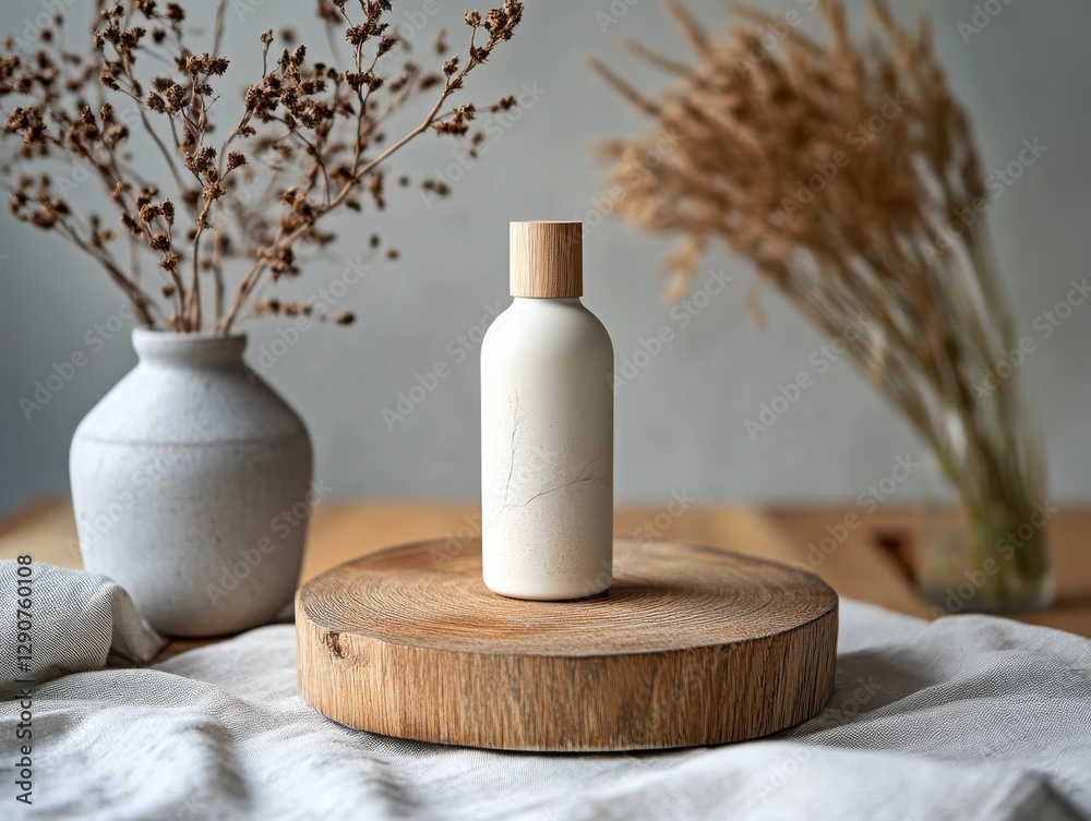 Elegant Minimalist Bottle on Wooden Base with Dried Flowers Display Elegant Minimalist Bottle on Wooden Base with Dried Flowers Display