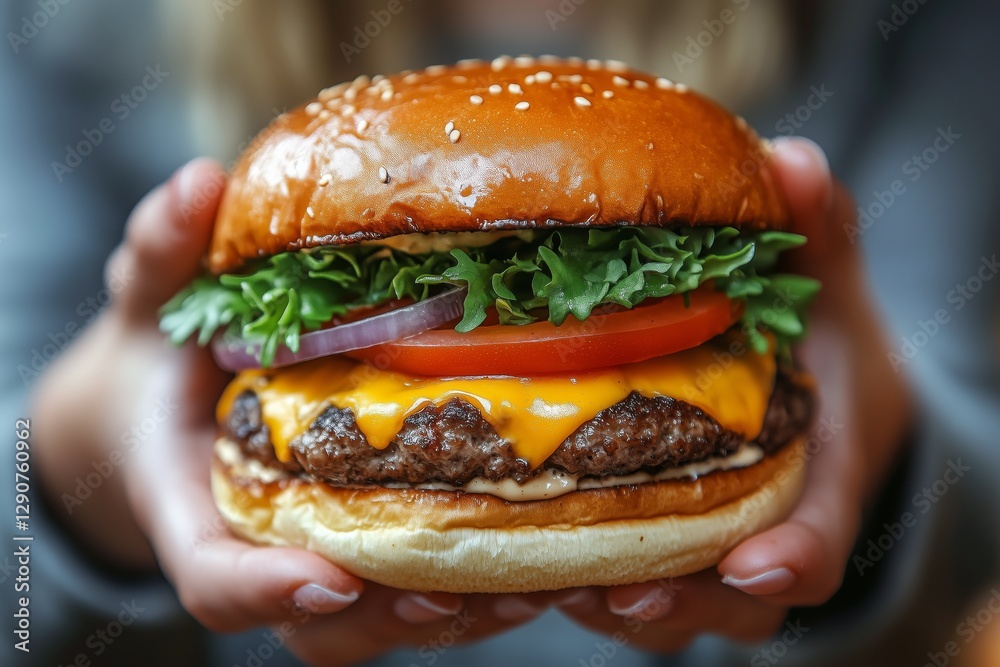 Juicy Cheeseburger Topped With Fresh Lettuce, Tomato, and Onion Held by a Person in Casual Setting Juicy Cheeseburger Topped With Fresh Lettuce, Tomato, and Onion Held by a Person in Casual Setting