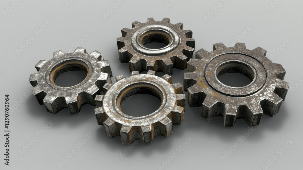 A set of industrial cogs interlocking on a soft gray background A set of industrial cogs interlocking on a soft gray background