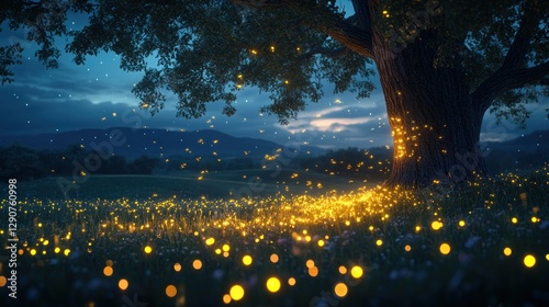 Firefly meadow under old tree at twilight