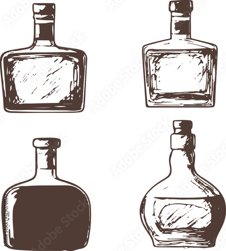 set of hand-drawn whiskey bottles