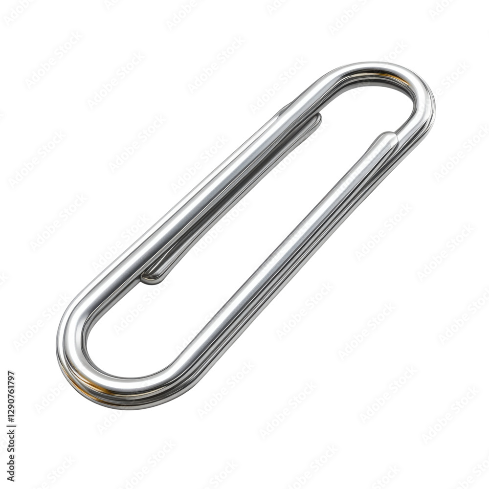 A shiny metal paperclip with a sleek, elongated design, commonly used for holding papers together, isolated on white background.