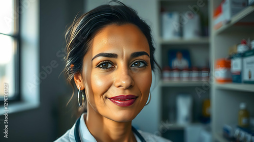 Confident Woman in White Coat: Portrait in a Professional Setting with Soft Lighting, Red Lipstick, and Pharmacy Background Free Download Confident Woman in White Coat: Portrait in a Professional Setting with Soft Lighting, Red Lipstick, and Pharmacy Background - GFXLoad