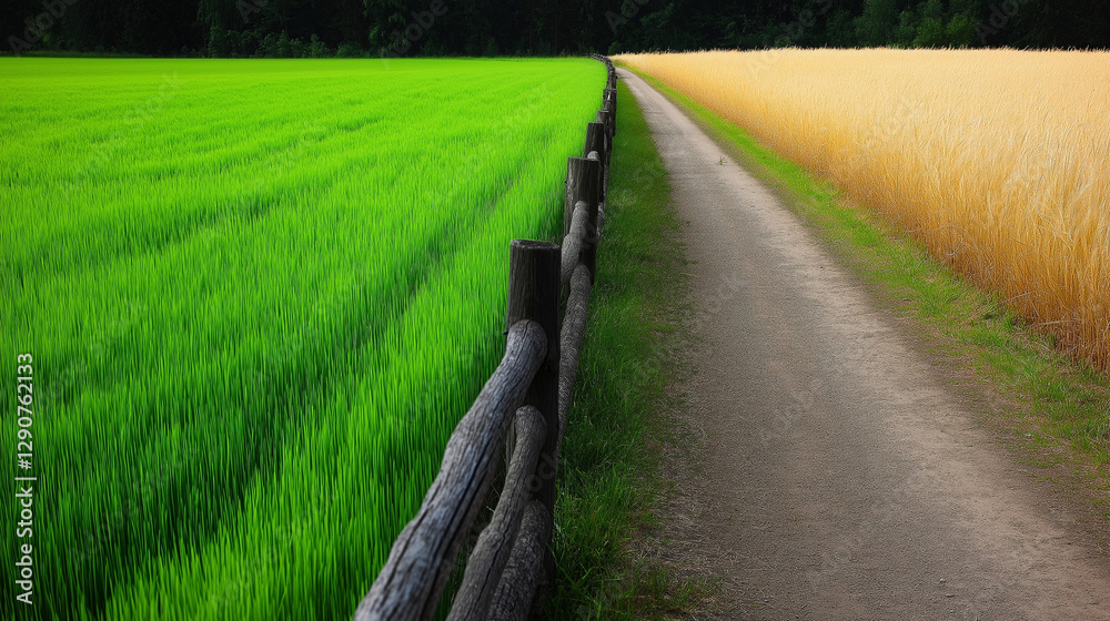 A vivid contrast between two fields: one vibrant with healthy green grass, the other barren and golden. A rustic wooden fence divides them, with a narrow path running through. A vivid contrast between two fields: one vibrant with healthy green grass, the other barren and golden. A rustic wooden fence divides them, with a narrow path running through.
