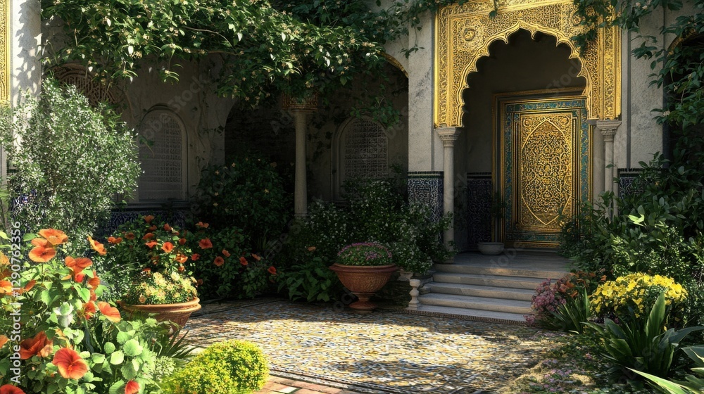 Fototapeta premium Ornate Doorway Surrounded by Lush Gardens and Vibrant Flowers