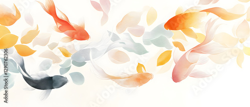 Dynamic sumi e painting of multiple koi fish swimming gracefully among colorful leaves, creating serene and harmonious atmosphere