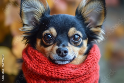 Cute Small Dog Wearing a Red Scarf Sitting Outside During Autumn