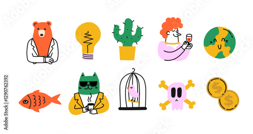 Set of weekly or daily planner and diaries vector flat illustration. Cute sticker template decorated with cartoon image and trendy Signs, symbols, objects for scheduler or organizer