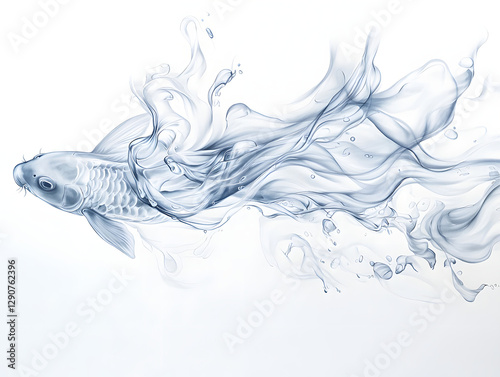serene koi fish gracefully swims through flowing water, surrounded by gentle waves and bubbles, creating tranquil and artistic atmosphere