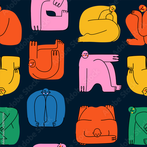 Colorful diverse people abstract art seamless pattern set. Multi-ethnic community, big cultural diversity group background illustration collection in modern style.