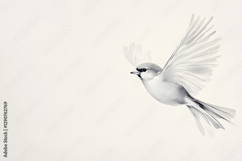 Fototapeta premium monochromatic sumi e painting of sparrow in flight, showcasing delicate brush strokes and graceful movement. artwork captures essence of freedom and elegance