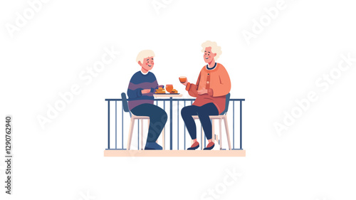 Illustration depicting two senior individuals with light-grey hair, one wearing a blue sweater and the other an orange sweater, seated at a low table with a simple railing on a balcony. They appear