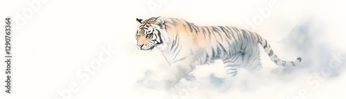 striking sumi e composition of tiger walking through mist, showcasing its grace and power in serene environment. artwork captures essence of nature beauty