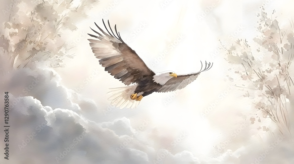 Naklejka premium A stunning watercolor depiction of a majestic eagle soaring high above soft ethereal clouds symbolizing the divine wisdom and transcendent nature that lies beyond human understanding