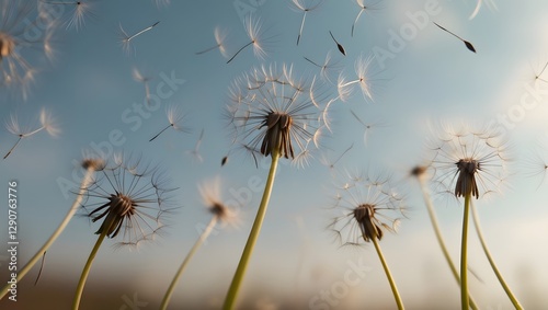 Multiple Dandelions in the Air Against a Soft, Pastel Blue Sky