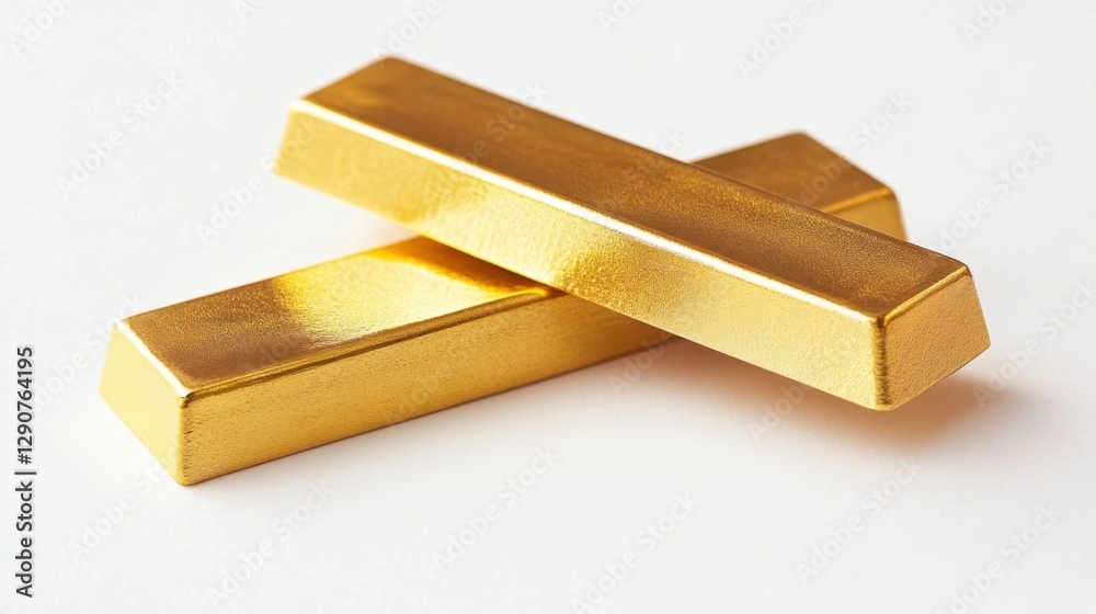 Three gold bars stacked diagonally, shining on a white background