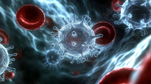 A realistic 3D medical illustration depicting a virus interacting with red blood cells in the bloodstream. The virus is illuminated, floating in a deep background, representing infection and immuno