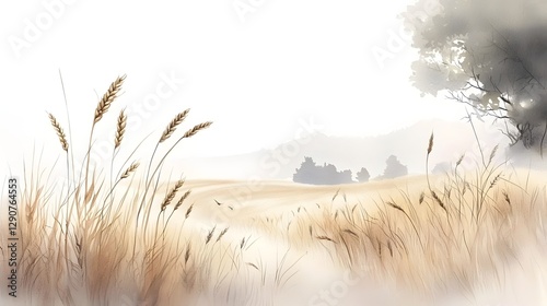 A wide open field filled with golden wheat representing the bountiful blessings for the righteous in a soft watercolor style  The earth tones and gentle brushstrokes blend seamlessly