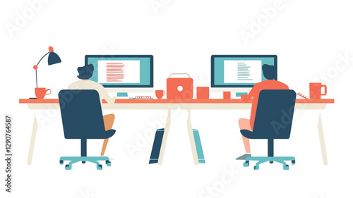 Illustration depicting two individuals seated in office chairs at a long, shared desk facing away from the viewer. Each person is positioned before a computer monitor displaying text.  The desk