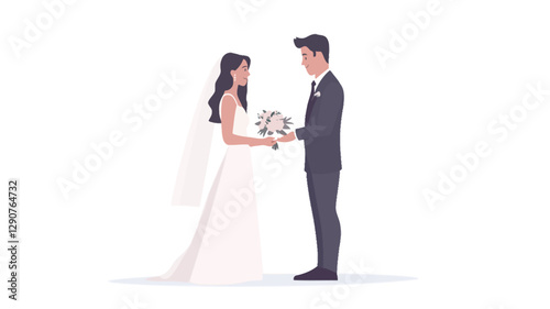 A digital illustration depicts a bride and groom in profile view, facing each other. The bride wears a long white wedding dress with a sleeveless bodice. The groom is in a dark suit.  The bride