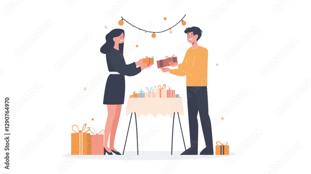 Fototapeta premium A digital illustration depicts a man and a woman exchanging gifts at a small table. The style is minimalist and flat, with simple shapes and bright colors. The background is white with minimal