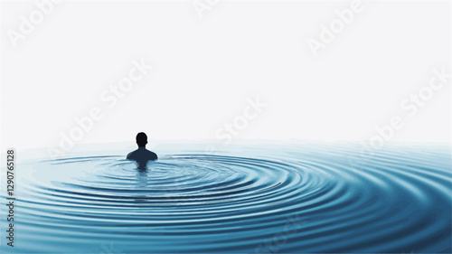 Close-up view of a single dark silhouette of a person-like shape centered in a body of still water.  Concentric circular ripples emanate outward from the central point of impact, creating a radial