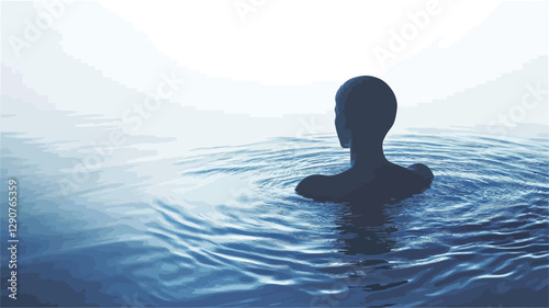 The image shows a dark silhouette of a human figure, only the back of the head and shoulders visible, submerged up to the chest in calm, blue water. The water is subtly rippled, and a misty or hazy