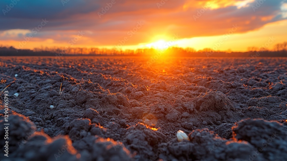 Obraz premium Plowed field sunset landscape, golden hour, rural