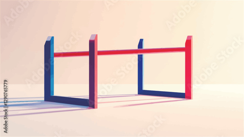A 3D render of a simple, minimalist structure composed of geometric shapes.  The structure features two upright blue elements and a connecting red horizontal bar. The color palette is limited to
