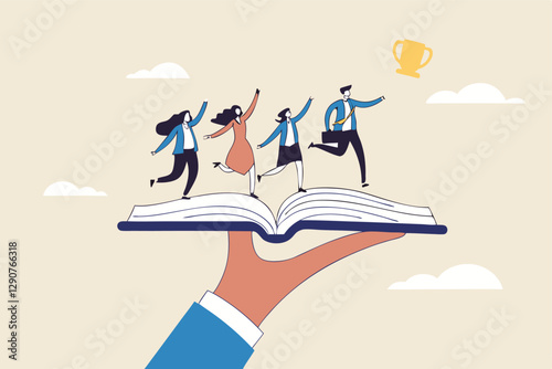 Employee handbook, manual for onboarding new staff, procedure or rule for welcome new hire to know company, business manual for success concept, businessman hand holding handbook with new employees.