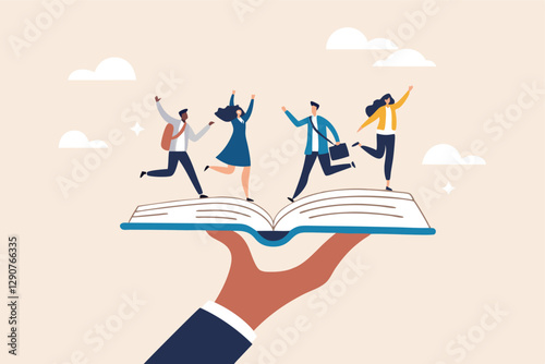 Employee handbook, manual for onboarding new staff, procedure or rule for welcome new hire to know company, business manual for success concept, businessman hand holding handbook with new employees.