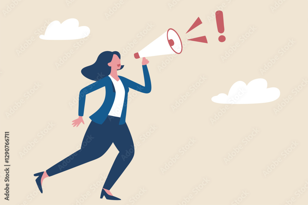 Attention announcement, important message or communicate broadcasting, loudspeaker or exclamation point loud voice concept, confidence businesswoman talking on megaphone with exclamation attention. Attention announcement, important message or communicate broadcasting, loudspeaker or exclamation point loud voice concept, confidence businesswoman talking on megaphone with exclamation attention.