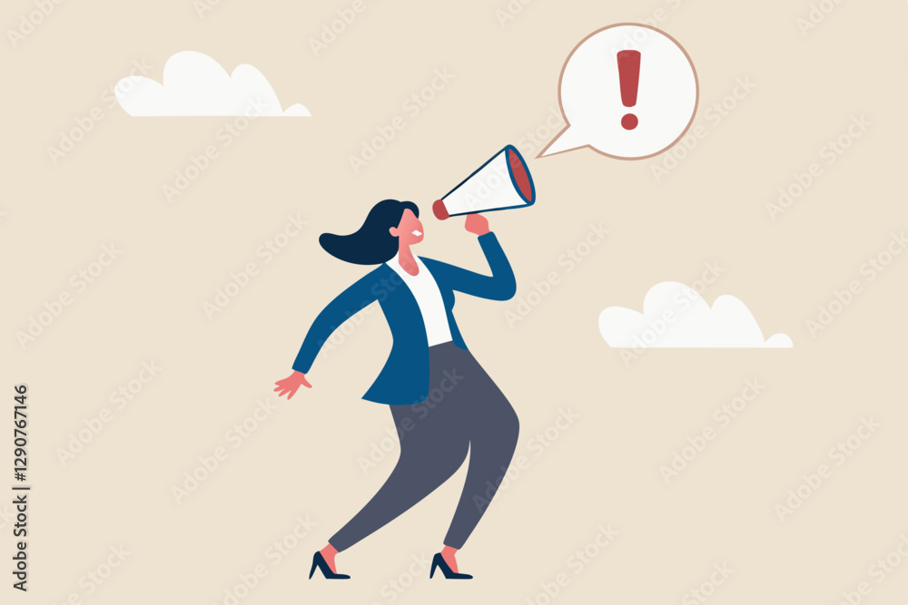 Attention announcement, important message or communicate broadcasting, loudspeaker or exclamation point loud voice concept, confidence businesswoman talking on megaphone with exclamation attention. Attention announcement, important message or communicate broadcasting, loudspeaker or exclamation point loud voice concept, confidence businesswoman talking on megaphone with exclamation attention.