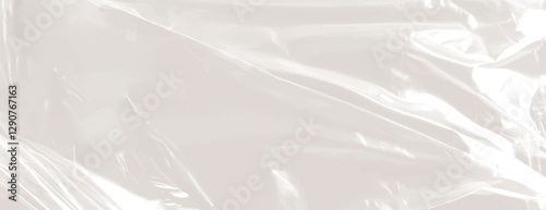 Glossy white background with a smooth texture. The white background resembles crumpled plastic or glass with a shiny finish. Plastic foil wrap texture background. Beige background vector.