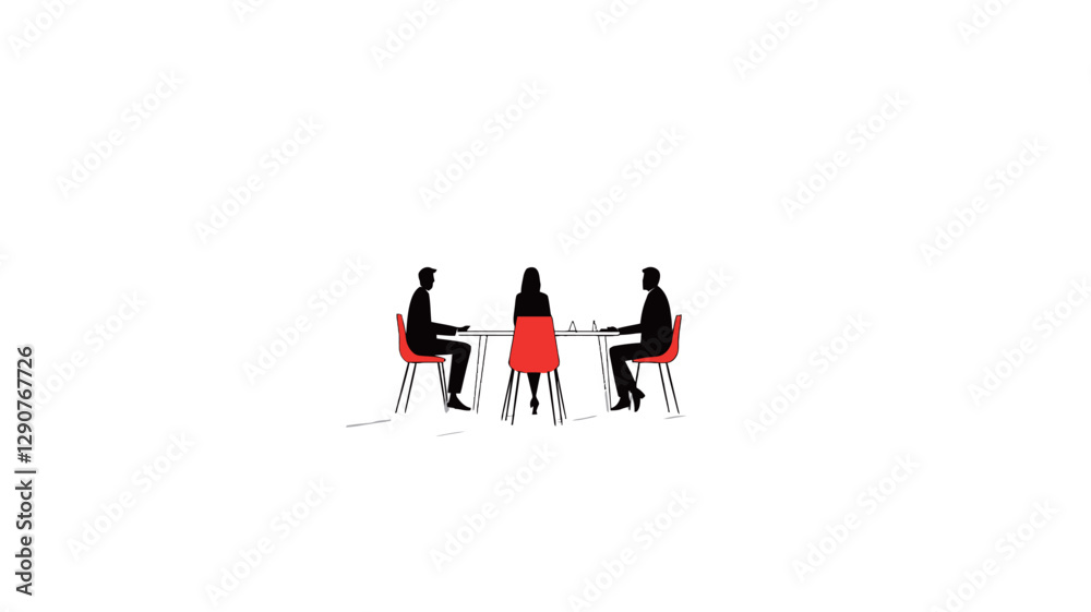 The image is a minimalist illustration depicting three silhouetted figures seated around a circular table on red chairs against a white background. The figures are simple, lacking detail, and The image is a minimalist illustration depicting three silhouetted figures seated around a circular table on red chairs against a white background. The figures are simple, lacking detail, and