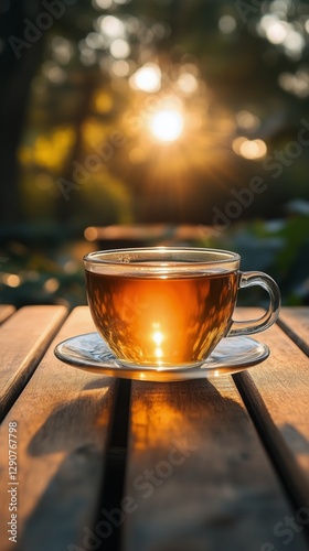 Warm Cup of Tea on a Wooden Table During Sunset in a Serene Garden