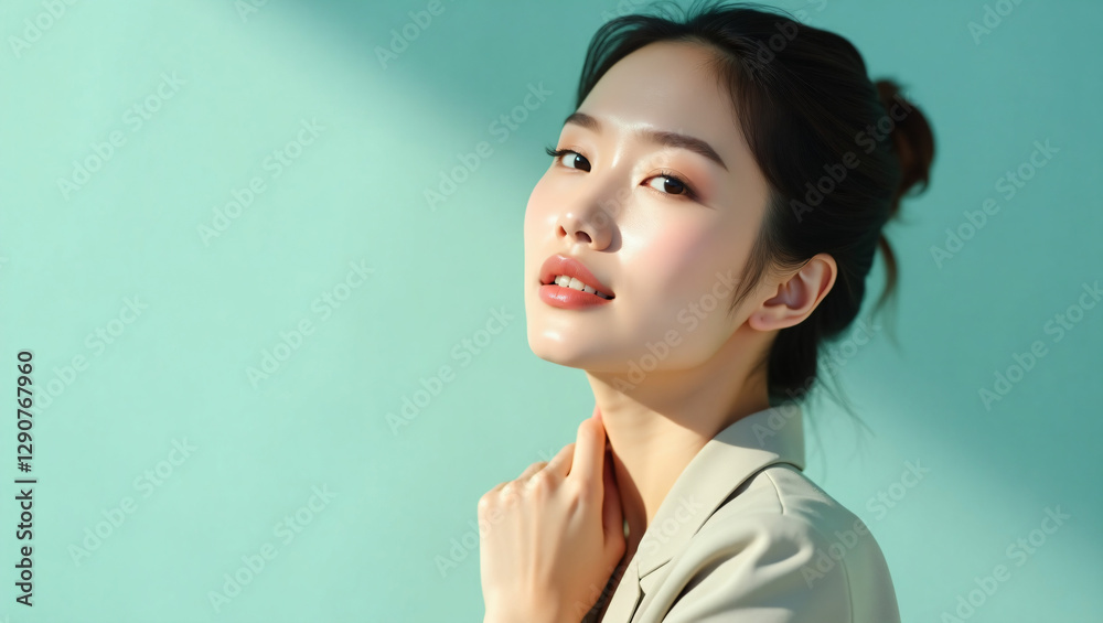 Fototapeta premium Elegant Asian Beauty – Skincare & Wellness Portrait in Professional Studio Lighting